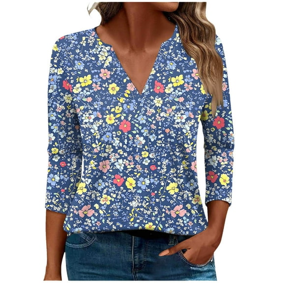 CYMMPU Loose Fit V Neck 3/4 Sleeve Tunic Tops Floral Printed Fall Trendy Shirts Spring Tops Blouses for Women Dressy Casual Business Elegant Work Tops T-Shirts Multicolor XXL