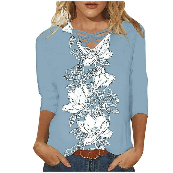 CYMMPU Loose Fit V Neck Blouses for Women Dressy Casual Flower Pattern Tunic Tops Fall Trendy Shirts Spring Tops 3/4 Sleeve Business Elegant Work Tops T-Shirts S