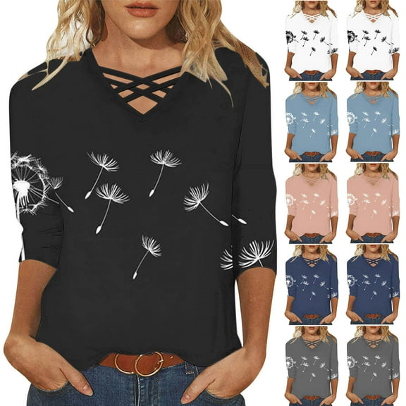 CYMMPU Loose Fit V Neck Blouses for Women Dressy Casual Tunic Tops Spring Tops Summer Fashion Shirts 3/4 Sleeve Flower Printed Business Elegant Work Topss XXL