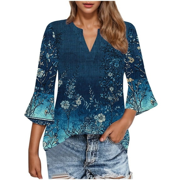 CYMMPU Loose Fit V Neck Floral Pattern Spring Tops T-Shirts 3/4 Sleeve Blouses for Women Dressy Casual Summer Trendy Shirts Flare Hem Hide Belly Tops to Wear with Leggings T-Shirts Blue XL