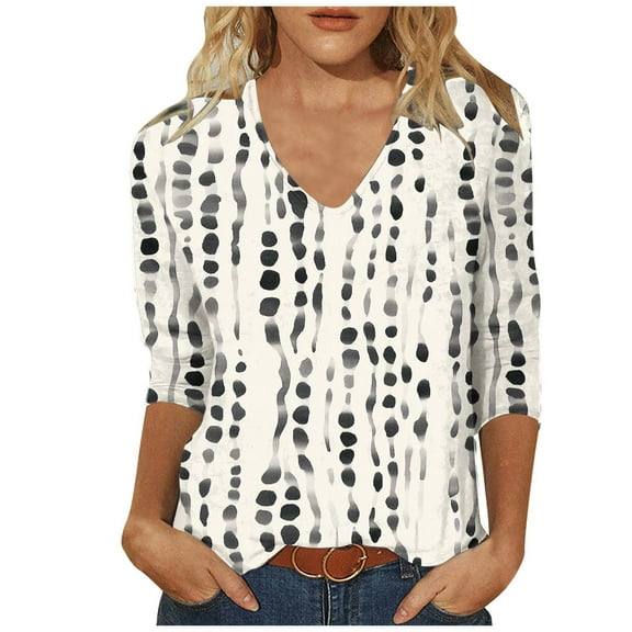 CYMMPU Loose Fit V Neck Flower Printed Fall Fashion Shirts Blouses for Women Dressy Casual 3/4 Sleeve Spring Tunic Tops Business Elegant Work Topss M