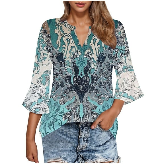 CYMMPU Loose Fit V Neck Spring Tops Blouses for Women Dressy Casual Summer Trendy Shirts 3/4 Sleeve Tunic Tops Flower Pattern Flare Sleeve Business Elegant Work Tops T-Shirts M