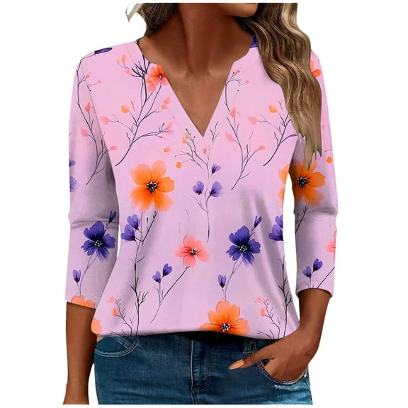 CYMMPU Loose Fit V Neck Spring Tops Flower Printed Blouses for Women Dressy Casual Summer Trendy Shirts 3/4 Sleeve Tunic Tops Business Elegant Work Tops T-Shirts M