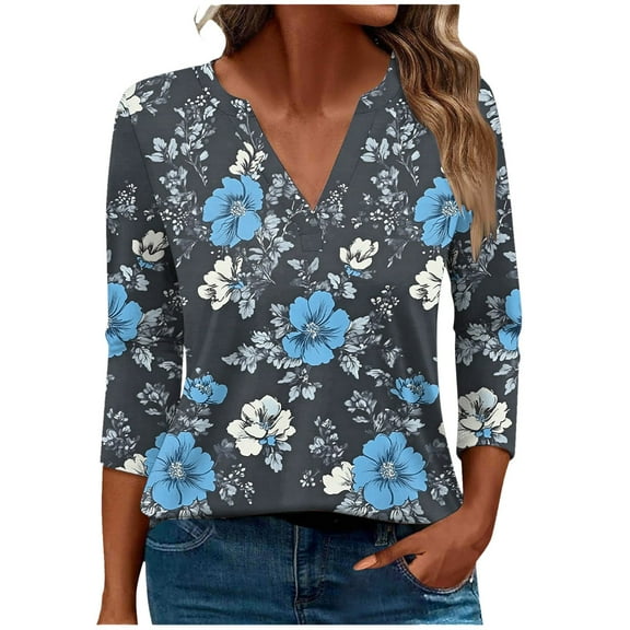 CYMMPU Loose Fit V Neck Spring Tops Flower Printed Blouses for Women Dressy Casual Tunic Tops 3/4 Sleeve Summer Fashion Shirts Business Elegant Work Topss XL