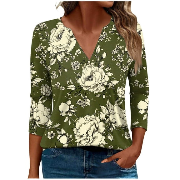 CYMMPU Loose Fit V Neck Spring Tunic Tops Fall Fashion Shirts Blouses for Women Dressy Casual Flower Printed 3/4 Sleeve Business Elegant Work Topss S