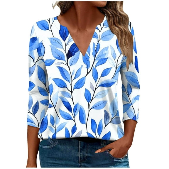 CYMMPU Loose Fit V Neck Spring Tunic Tops Floral Printed Blouses for Women Dressy Casual 3/4 Sleeve Summer Trendy Shirts Business Elegant Work Tops T-Shirts M