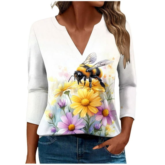 CYMMPU Loose Fit V Neck Tunic Tops 3/4 Sleeve Fall Fashion Shirts Spring Tops Bee Pattern Blouses for Women Dressy Casual Business Elegant Work Topss Multicolor XXXXL