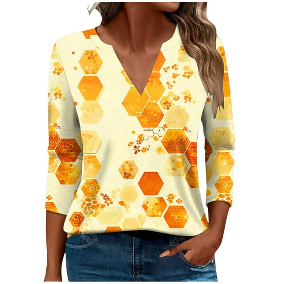 CYMMPU Loose Fit V Neck Tunic Tops 3/4 Sleeve Fall Trendy Shirts Bee Graphic Spring Tops Blouses for Women Dressy Casual Business Elegant Work Tops T-Shirts Multicolor M
