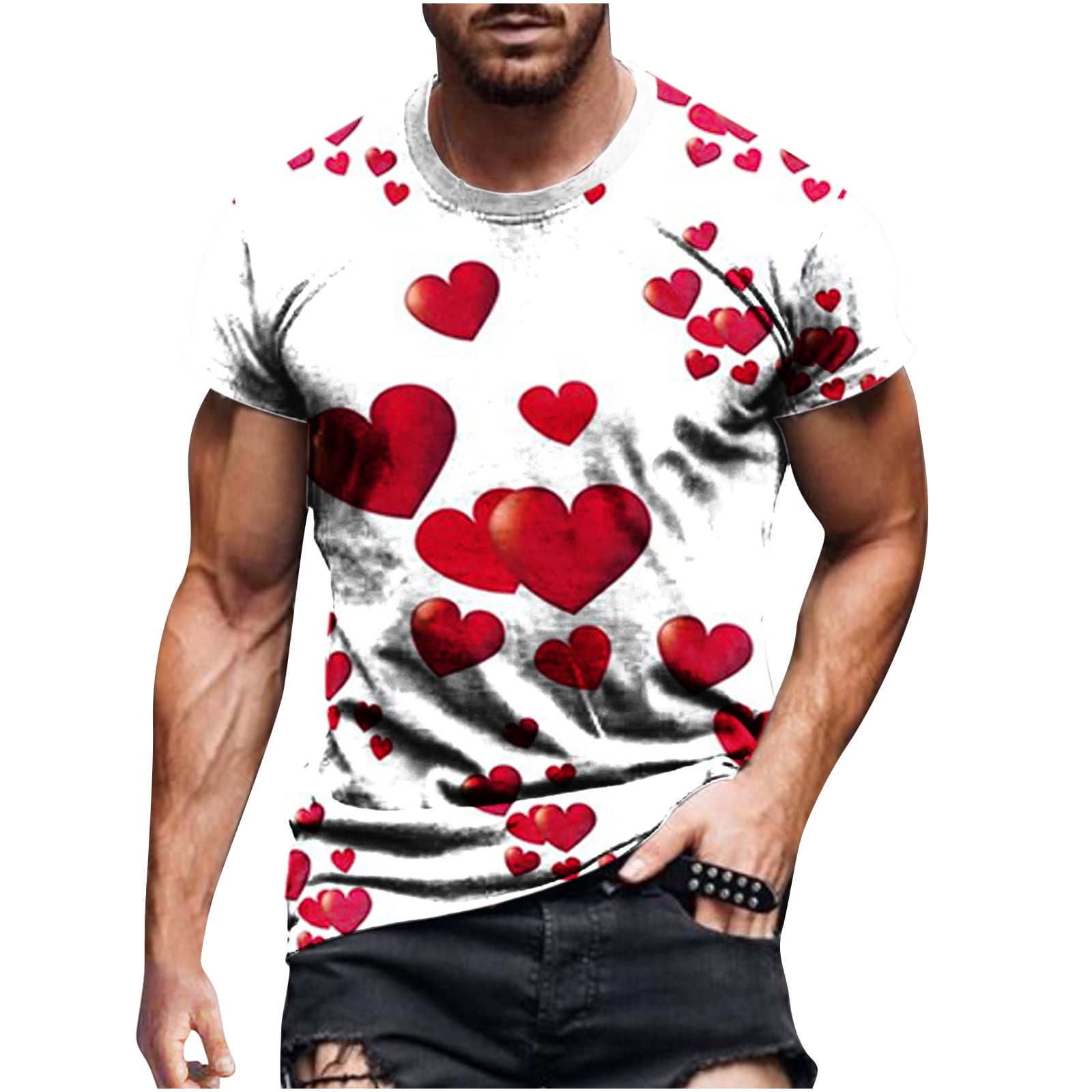 CYMMPU Men's Round Neck Sports Tees Clearance Going out Tops for Men Summer  Tees Short Sleeve Shirts Trendy Valentine's Day Tunic Love Heart Printing  2023 Fashion Tshirts White L 