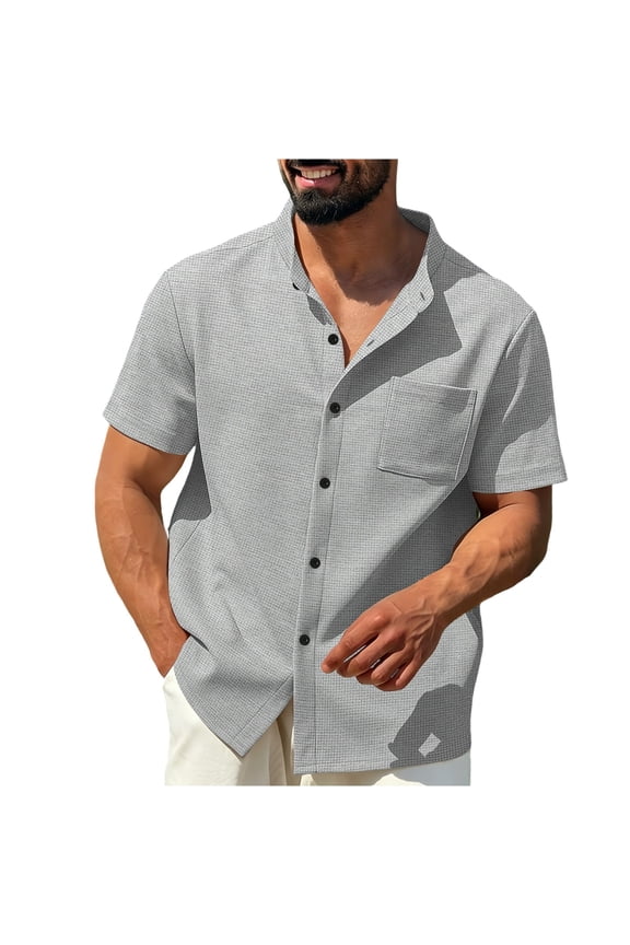 Men's Solid Linen Blend Short Sleeve Button-Down Shirt with Multi-Pockets, Ideal for Summer Vacations Gray XXL