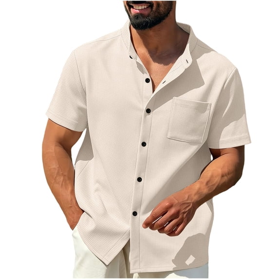 YLSDY Men's Solid Linen Blend Short Sleeve Button-Down Shirt with Multi-Pockets, Ideal for Summer Vacations Khaki M