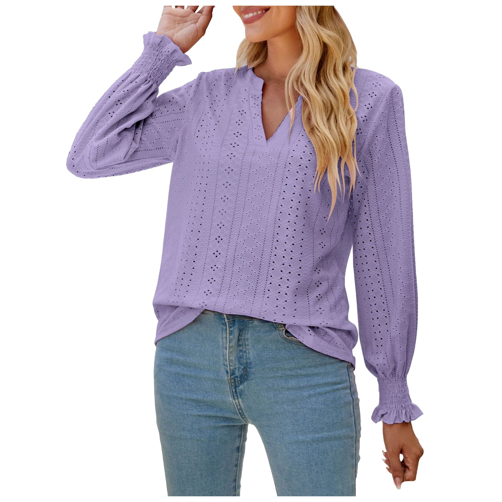 CYMMPU Plus Size Tops Fashion Long Sleeve Trendy Pullover Spring Clothes  for Women 2023 Plus Size Tops Solid Color Shirts V-Neck Fall Sweatshirt  Purple S 