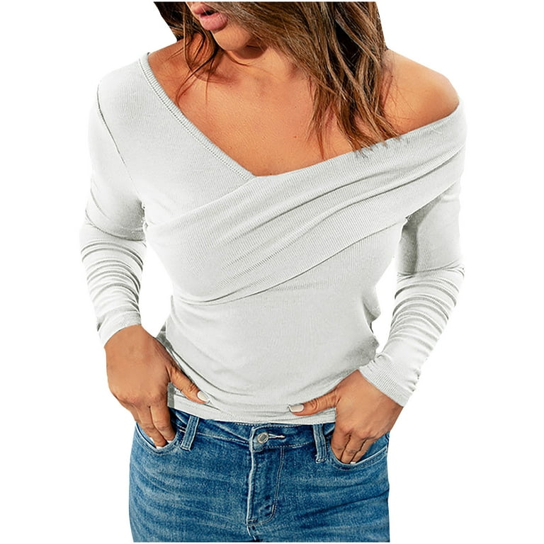CYMMPU Plus Size Tops Spring Clothes for Women 2023 Solid Color Shirts  V-Neck Fall Sweatshirt Trendy Pullover Pleated Long Sleeve Fashion White  XXXL