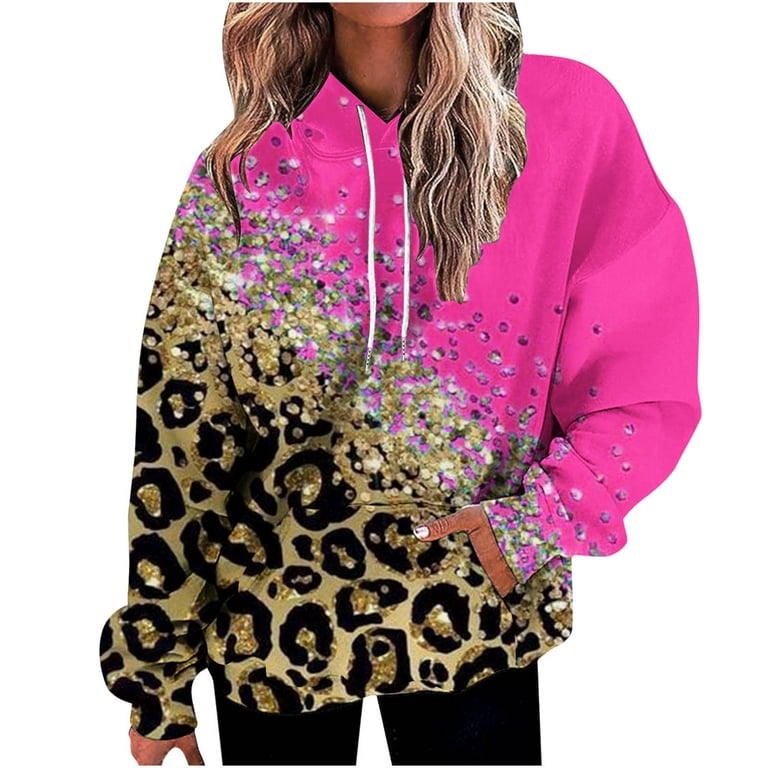 CYMMPU Preppy Hoodies Women Fashion Shirts Long Sleeve Leopard Color Block  Sweatshirt with Pocket Fall Clothes Teen Girls Oversized Workout 1/4 Button  up Pullover Casual Hot Pink Sweatshirts M 