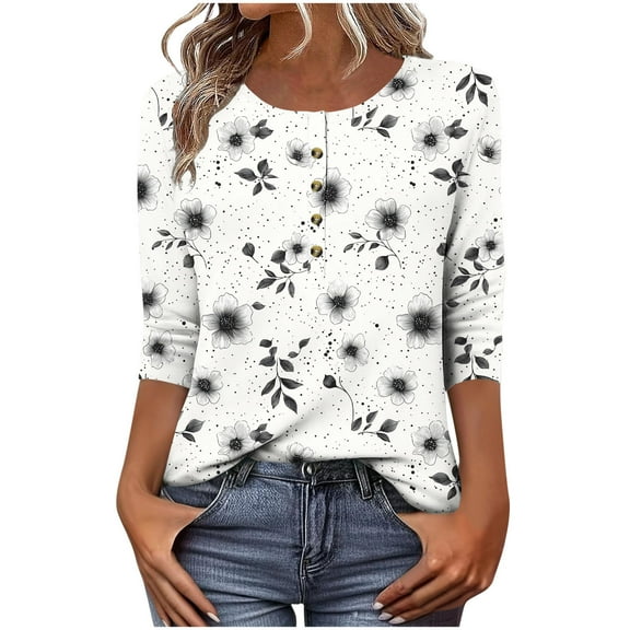 CYMMPU Shirts Floral Printed 3/4 Length Sleeve Basic Tees Dressy Tunic Tops Summer Fall Business Work Blouses Casual Button up Scoop Neck 2025 Clothes for Women White M