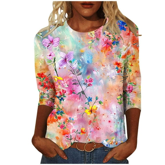 CYMMPU Shirts Floral Printed 3/4 Length Sleeve Business Work Blouses Dressy Tunic Tops Casual Basic Tees Crewneck Summer Fall 2025 Clothes for Women Multicolor XXL
