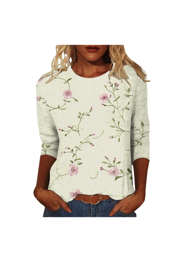 Shirts Floral Printed 3/4 Length Sleeve Business Work Blouses Fashion Tunic Tops Summer Fall Crewneck Vintage Basic Tees 2025 Clothes for Women Multicolor XXL