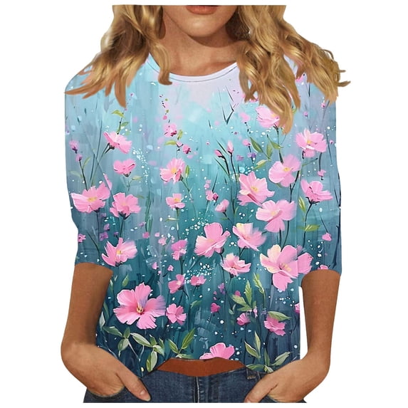 CYMMPU Shirts Floral Printed 3/4 Length Sleeve Crewneck Dressy Tunic Tops Basic Tees Business Work Blouses Casual Summer Fall 2025 Clothes for Women Multicolor XL