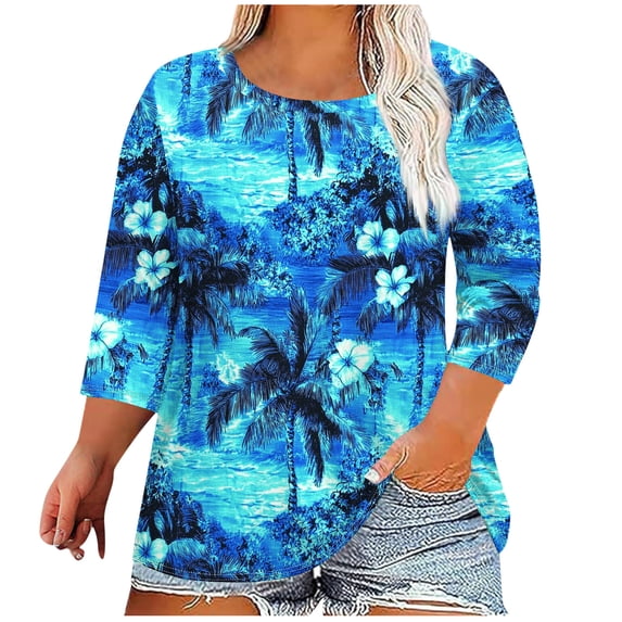 CYMMPU Shirts Floral Printed 3/4 Length Sleeve Dressy Tunic Tops Casual Basic Tees Crewneck Summer Fall Business Work Blouses 2025 Clothes for Women Blue XXL