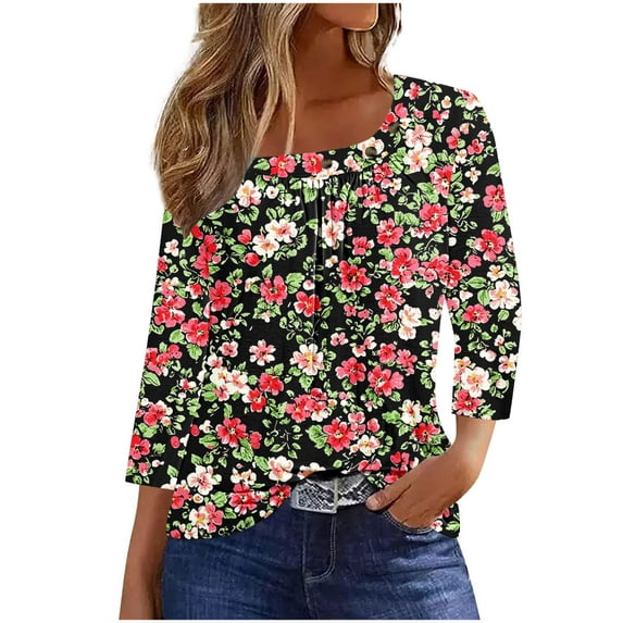 CYMMPU Shirts Floral Printed 3/4 Length Sleeve Plus Size Tunic Tops Basic Tees Business Work Blouses Pleated Slanted Neck Vintage Summer Fall 2025 Clothes for Women Red XXL