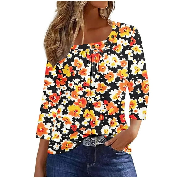 CYMMPU Shirts Floral Printed 3/4 Length Sleeve Plus Size Tunic Tops Basic Tees Business Work Blouses Vintage Pleated Slanted Neck Summer Fall 2025 Clothes for Women Yellow XXL