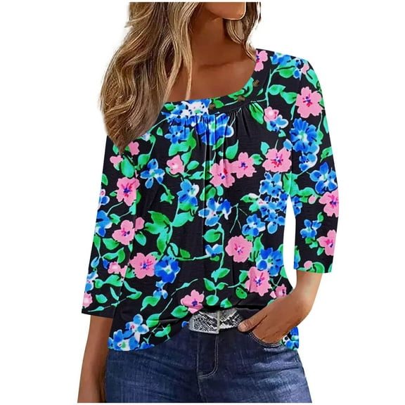 CYMMPU Shirts Floral Printed 3/4 Length Sleeve Plus Size Tunic Tops Basic Tees Pleated Slanted Neck Business Work Blouses Vintage Summer Fall 2025 Clothes for Women Green XXL