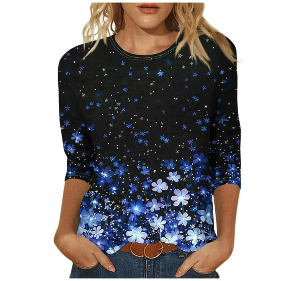 CYMMPU Shirts Floral Printed 3/4 Length Sleeve Vintage Business Work Blouses Summer Fall Basic Tees Fashion Tunic Tops Crewneck 2025 Clothes for Women Multicolor XXXXXL