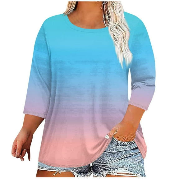 CYMMPU Shirts Gradient Color 3/4 Length Sleeve Fashion Tunic Tops Summer Fall Business Work Blouses Basic Tees Crewneck Vintage 2025 Clothes for Women Pink XL