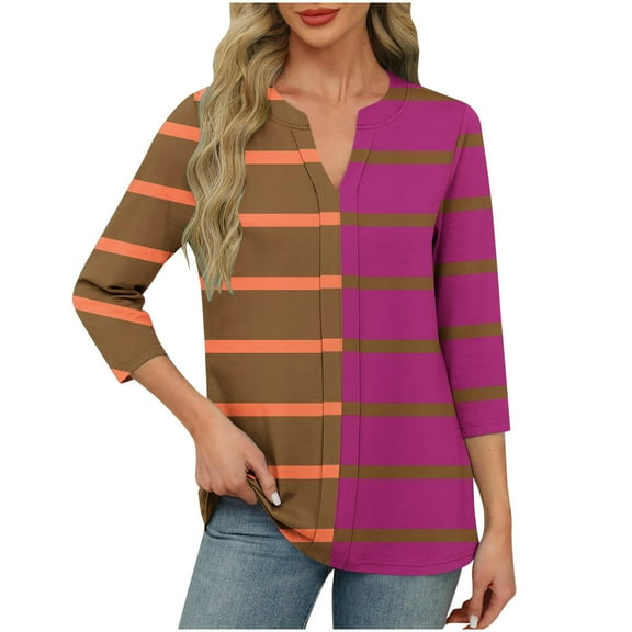 CYMMPU Shirts Striped 3/4 Length Sleeve Elegant Blouse Summer Fall Dressy Tunic Tops V-Neck Casual Business Work Blouses to Wear with Leggings 2025 Clothes for Women Brown L