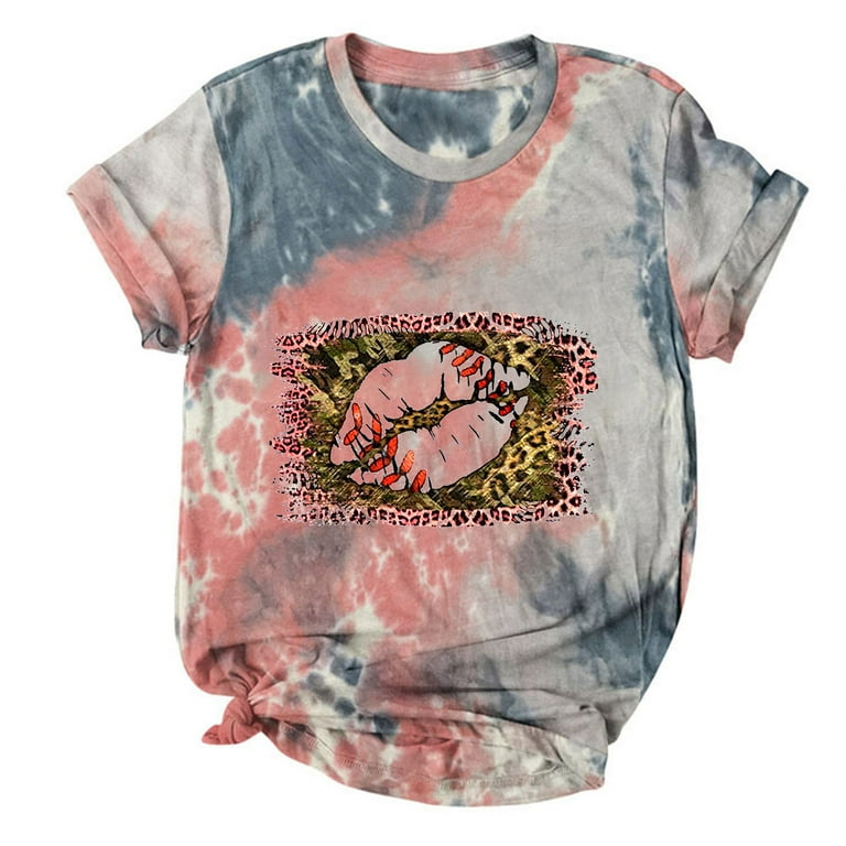 CYMMPU Short Sleeve Basic Tees Clearance Women's Round Neck Tshirts Retro  Tie-dye Bleached Pattern Sun and Moon Graphic Trendy Clothing Country  Shirts