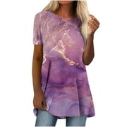 CYMMPU Short Sleeve Loose Flowy Dressy Long Tunic Clearance Women's Country Shirts Fashion Tops Retro Flora Printed Tie Dye Tees Trendy Clothing Comfy Round Neck Tshirts Summer Purple XXL
