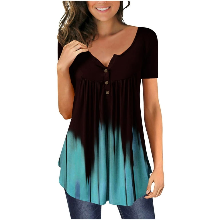 CYMMPU Short Sleeve Loose Flowy Dressy Long Tunic Clearance Women s Retro Gradient Color Tees Trendy Clothing Country Shirts Summer Button Pleated Round Neck Tshirts Fashion Tops Blue XXXL Walmart