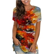 CYMMPU Short Sleeve Loose Flowy Dressy Long Tunic Clearance Women's Round Neck Tshirts Trendy Clothing Country Shirts Summer Retro Tie Dye Ombre Tees Comfy Fashion Tops Orange XXL