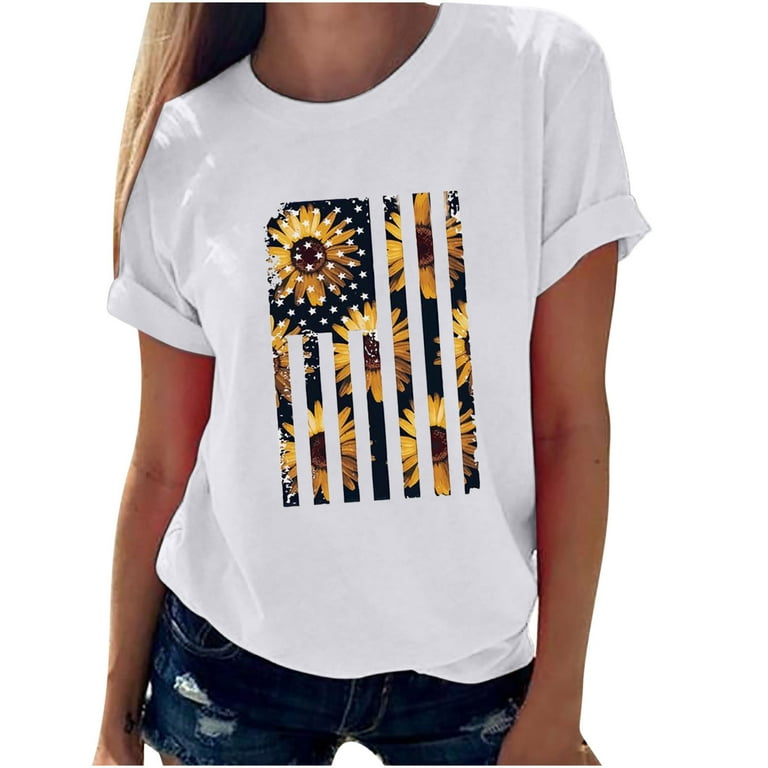 CYMMPU Short Sleeve Patriots Tshirt Tees Clearance Women s 4th of July Independence Day Trendy Country Shirts American Flag Sunflower Printed Summer