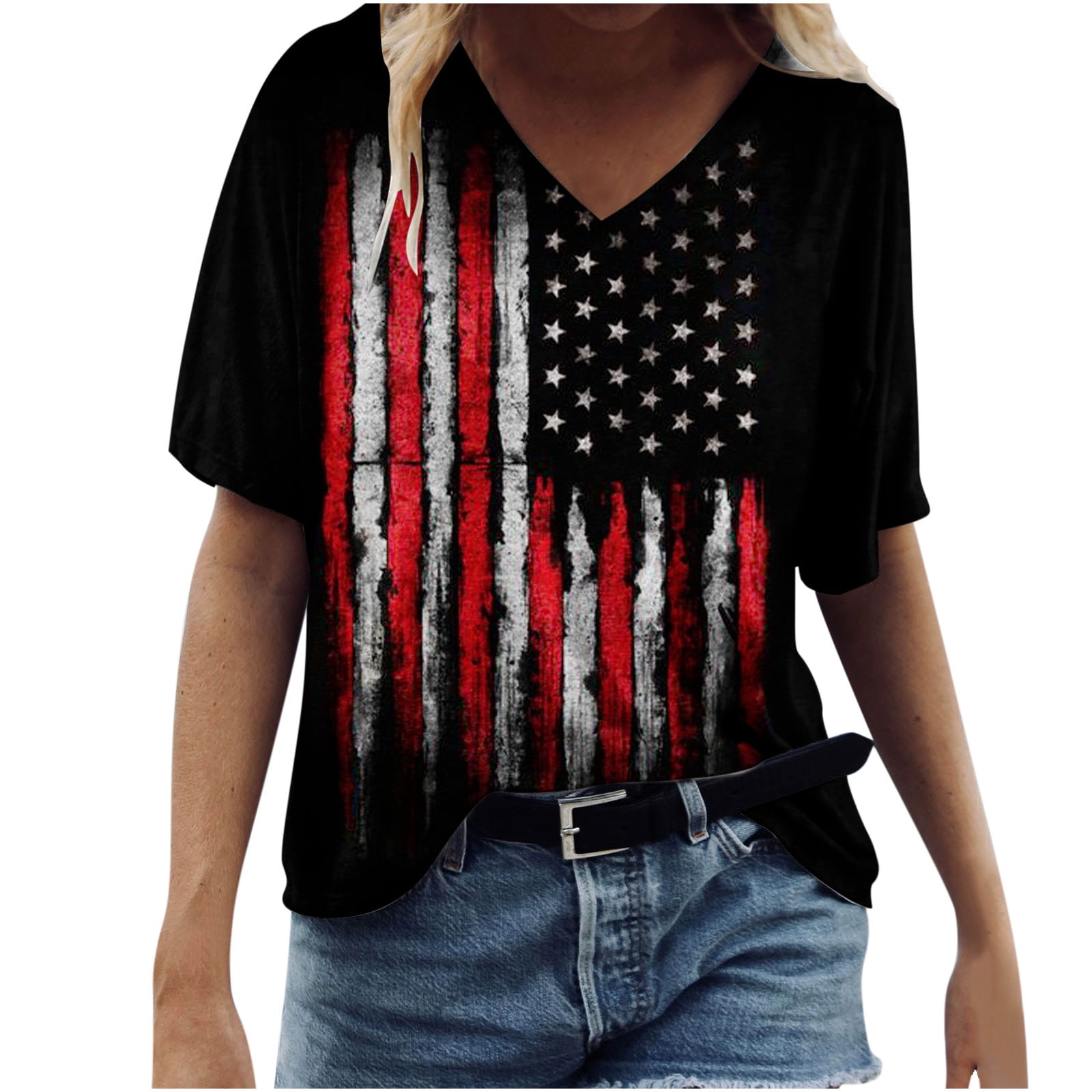 CYMMPU Short Sleeve Patriots Tshirt Tees Clearance Women's Trendy Striped  Stars American Flag Printed V-Neck Tshirts Country Shirts Summer Tunic 4th