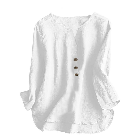 CYMMPU Solid Color 3/4 Length Sleeve Summer Fall Shirts Basic Tees Business Work Blouses V-Neck Vintage Plus Size Tunic Tops 2025 Clothes for Women White S