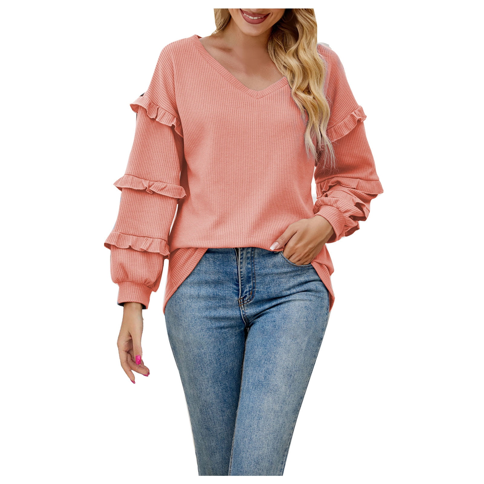 CYMMPU Fashion Solid Color Shirts Trendy Pullover Ruffle Long Sleeve Spring  Clothes for Women 2023 V-Neck Fall Sweatshirt Plus Size Tops Mint Green XL  