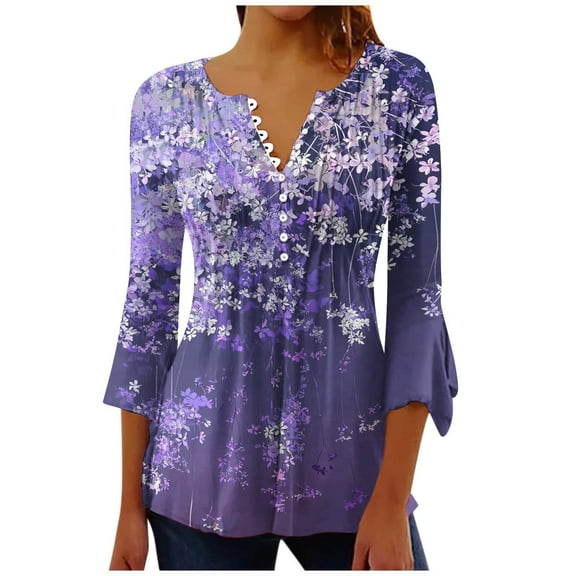 CYMMPU Spring Tops Button V Neck 3/4 Sleeve Blouses for Women Dressy Casual Fall Fashion Shirts Loose Fit Tunic Tops Floral Pattern A-line Dressy Topss Purple S