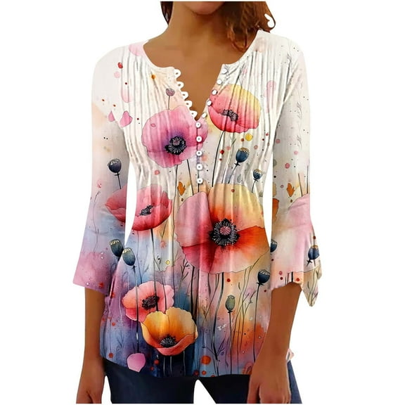 CYMMPU Spring Tops Button V Neck Flare Sleeve 3/4 Sleeve Blouses for Women Dressy Casual Loose Fit Summer Fashion Shirts Floral Pattern Pleated Dressy T-Shirts Multicolor L