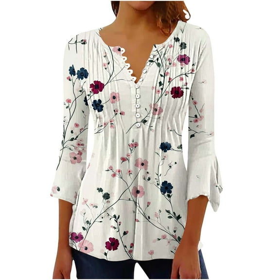 CYMMPU Spring Tops Button V Neck Flare Sleeve 3/4 Sleeve Tunic Tops Floral Printed Loose Fit Blouses for Women Dressy Casual Fall Trendy Shirts Pleated Dressy T-Shirts Multicolor L