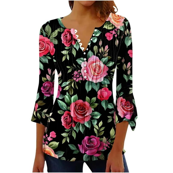 CYMMPU Spring Tops Button V Neck Flare Sleeve 3/4 Sleeve Tunic Tops Flower Printed Summer Trendy Shirts Loose Fit Blouses for Women Dressy Casual Empire Waist A Line T-Shirts Multicolor S