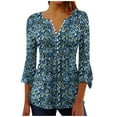 thumbnail image 1 of CYMMPU Spring Tops Button V Neck Flare Sleeve Floral Pattern Blouses for Women Dressy Casual Loose Fit Tunic Tops Summer Fashion Shirts 3/4 Sleeve Empire Waist A Line T-Shirts L, 1 of 5