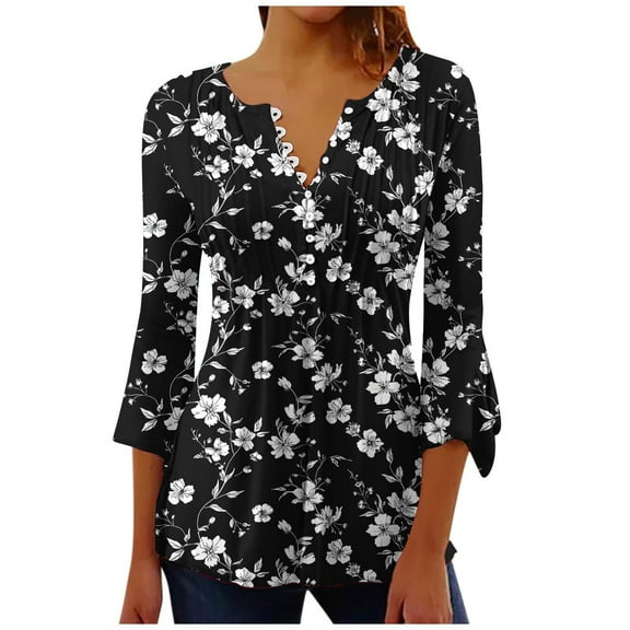 CYMMPU Spring Tops Button V Neck Flare Sleeve Summer Fashion Shirts Tunic Tops Loose Fit 3/4 Sleeve Flower Printed Blouses for Women Dressy Casual Empire Waist A Line T-Shirts Multicolor S
