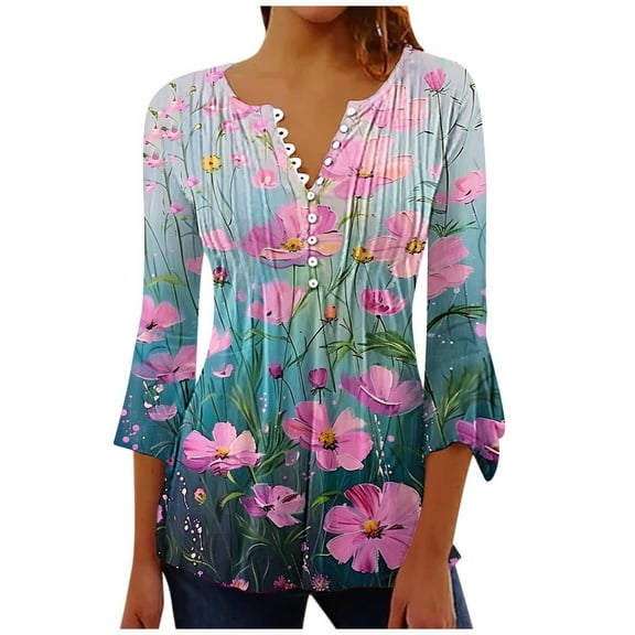 CYMMPU Spring Tops Button V Neck Flare Sleeve Summer Trendy Shirts Loose Fit Floral Printed Tunic Tops 3/4 Sleeve Blouses for Women Dressy Casual Empire Waist A Line T-Shirts Multicolor L