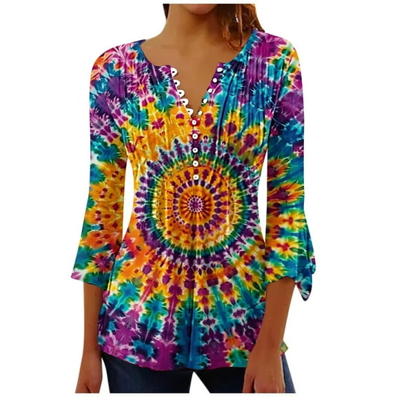 CYMMPU Spring Tops Button V Neck Flare Sleeve Tie Dye T-Shirts 3/4 Sleeve Blouses for Women Dressy Casual Loose Fit Summer Trendy Shirts Empire Waist A Line T-Shirts Multicolor S