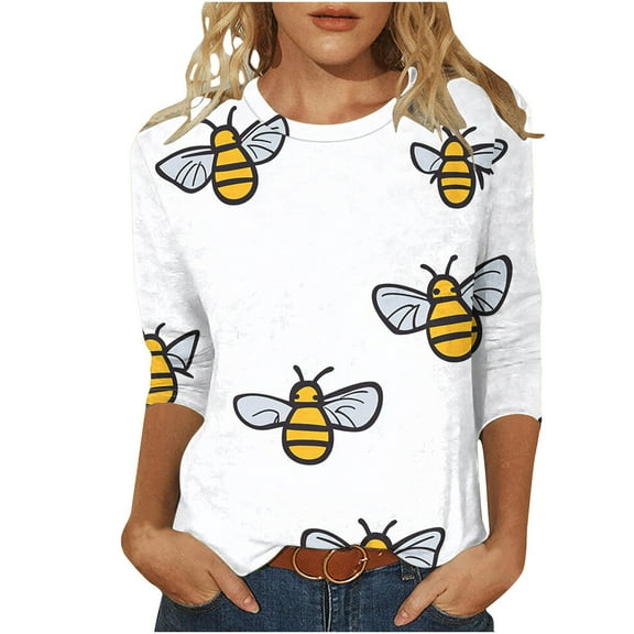 CYMMPU Spring Tops Crew Neck 3/4 Sleeve Loose Fit Bee Pattern Fall Trendy Shirts Blouses for Women Dressy Casual Tunic Tops Cute Animals T-Shirts White XXXXL