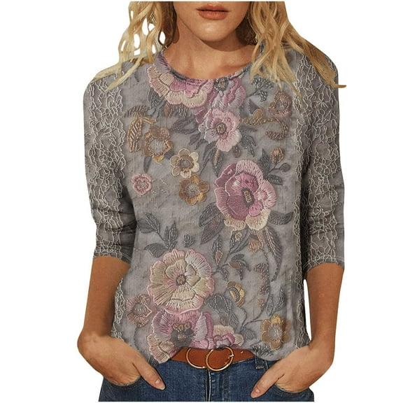 CYMMPU Spring Tops Crew Neck Fall Trendy Shirts Blouses for Women Dressy Casual 3/4 Sleeve Loose Fit Tunic Tops Floral Pattern Lightweight Basic Tees Gray XL