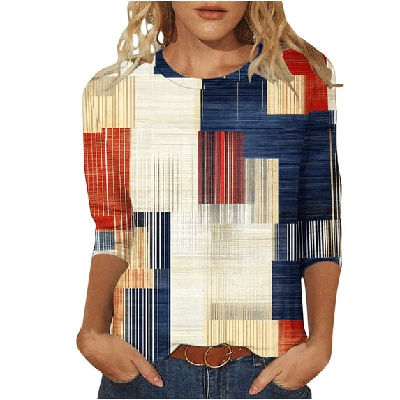 CYMMPU Spring Tops Crew Neck Fall Trendy Shirts Blouses for Women Dressy Casual Loose Fit Tunic Tops 3/4 Sleeve Color Block Lightweight Basic Tees Khaki L