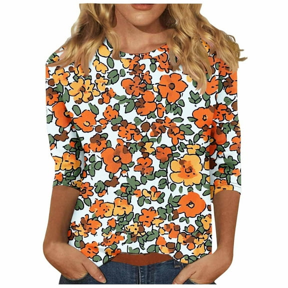 CYMMPU Spring Tops Crew Neck Fall Trendy Shirts Tunic Tops Floral Pattern Blouses for Women Dressy Casual 3/4 Sleeve Loose Fit Lightweight Basic Tees Multicolor M