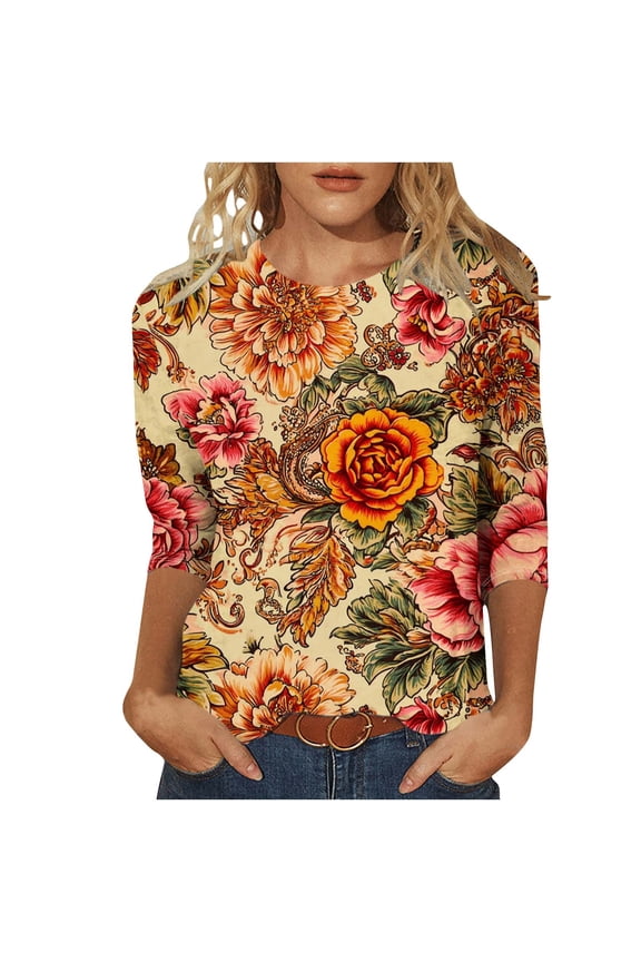 Spring Tops Crew Neck Floral Pattern 3/4 Sleeve Tunic Tops Fall Trendy Shirts Blouses for Women Dressy Casual Loose Fit Lightweight Basic Tees Multicolor XL